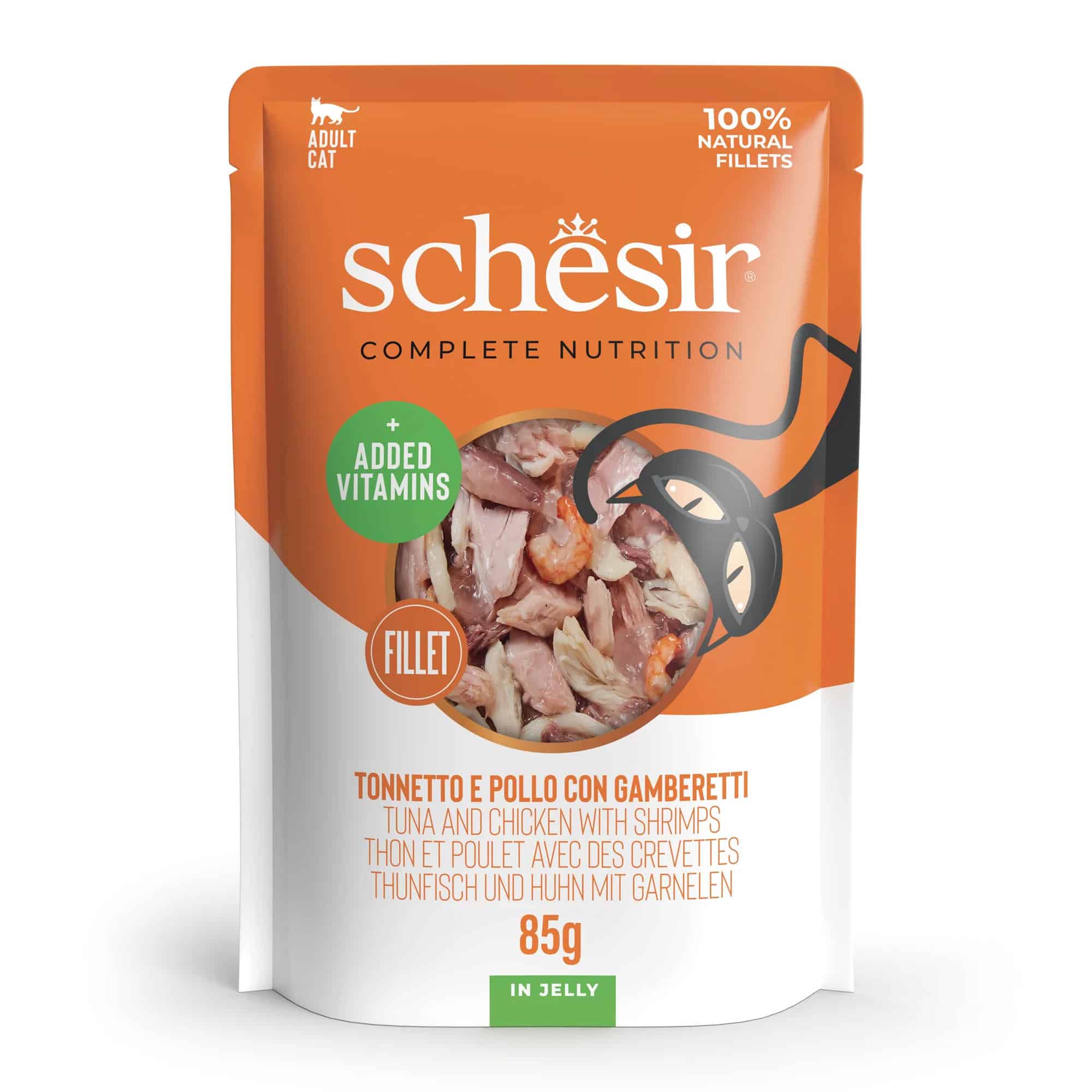 Attēls: Schesir cat Tuna, Chicken & Shrimps 85g, konservi kaķiem