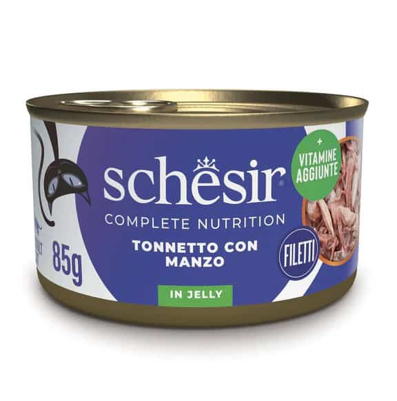 Attēls: Schesir cat tuna with beef fillets 85g, konservi kaķiem