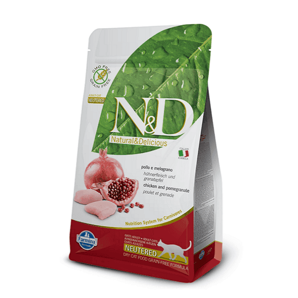 Attēls: Farmina N&D Cat GF neutered chicken, pomegrnate, sausā barība sterilizētiem kaķiem, Sveramā