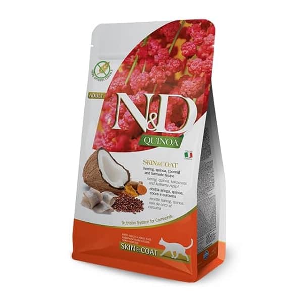 Attēls: Farmina N&D Cat Quinoa Skin&Coat, Siļķe, kvinoja, kokosrieksti, sausā Barība Kaķiem, Sveramā