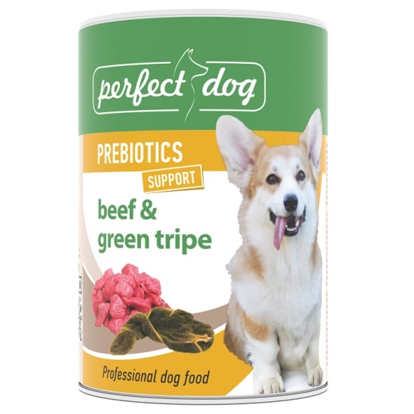 Attēls: Perfect Dog Prebiotics, Konservi ar liellopu gaļu un zaļo spurekli 400g