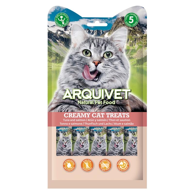 Attēls: Arquivet Cat Creamy Treats, Krēmveida tunča, vistas un laša Gardums Kaķiem 5x14g