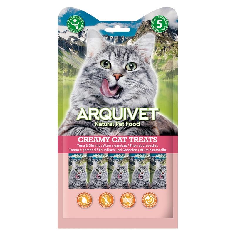 Attēls: Arquivet Cat Creamy Treats, krēmveida tunča, vistas un garneļu gardums kaķiem 5x14g
