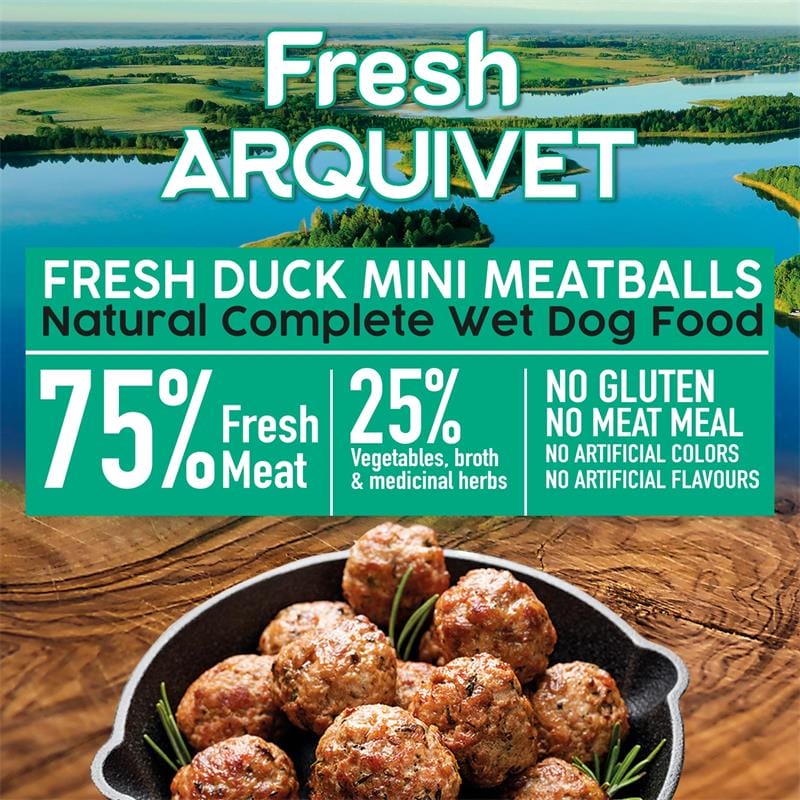Attēls: Arquivet Dog Mini Meatballs, Mini Kotletes Ar Svaigu pīli, saldo kartupeli un apelsīnu 200g