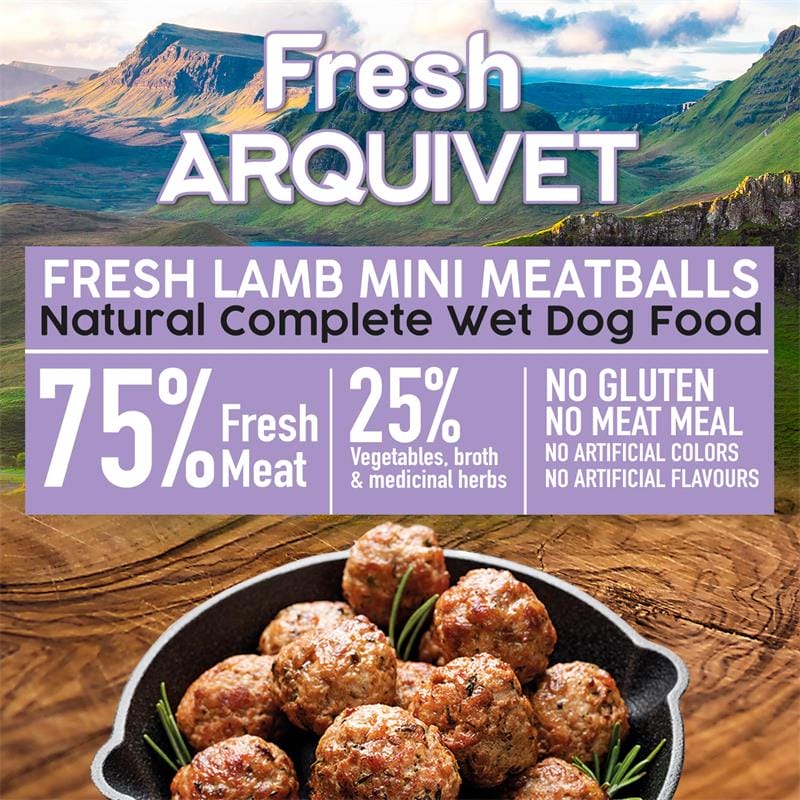 Attēls: Arquivet Dog Mini Meatballs, Mini Kotletes Ar Svaigu jēra gaļu, burkāniem un saldajiem kartupeļiem 200g