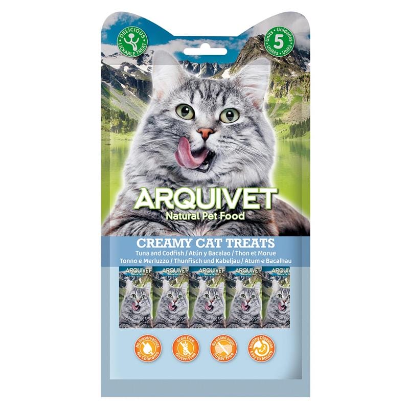 Attēls: Arquivet Cat Creamy Treats, Krēmveida tunzivju un mencu Gardums Kaķiem 5x14g