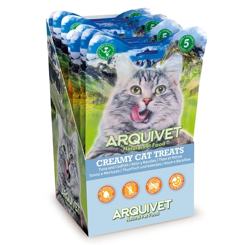 Attēls: Arquivet Cat Creamy Treats, Krēmveida tunzivju un mencu Gardums Kaķiem 5x14g