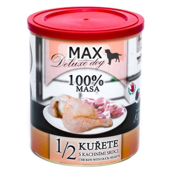 MAX deluxe 1/2 chicken with duck hearts 800g, konservi suņiem