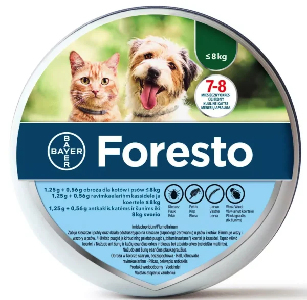 Foresto 1,25 g + 0,56 g līdz 8 kg 38cm pret ērcēm/ blusām kakla siksna kaķiem un suņiem